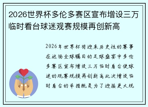 2026世界杯多伦多赛区宣布增设三万临时看台球迷观赛规模再创新高