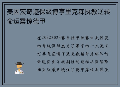 美因茨奇迹保级博亨里克森执教逆转命运震惊德甲 美因茨奇迹保级博亨里克森执教逆转命运震惊德甲